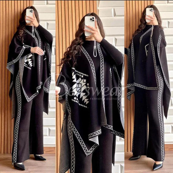 CH-370 BEA'S READY TO WEAR WINTER 3 PIECE FLEECE SUIT CAPE SHAWL HIGH NECK & TROUSER