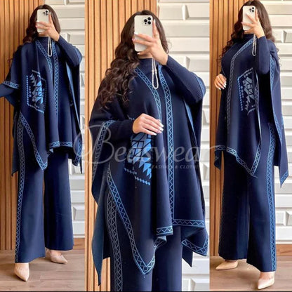 CH-370 BEA'S READY TO WEAR WINTER 3 PIECE FLEECE SUIT CAPE SHAWL HIGH NECK & TROUSER