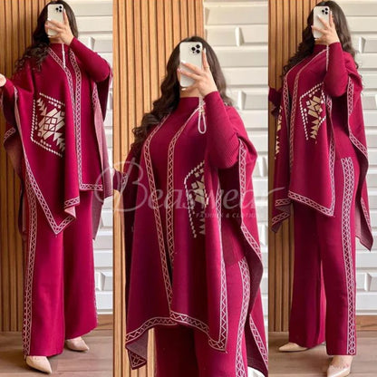 CH-370 BEA'S READY TO WEAR WINTER 3 PIECE FLEECE SUIT CAPE SHAWL HIGH NECK & TROUSER