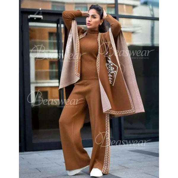 CH-370 BEA'S READY TO WEAR WINTER 3 PIECE FLEECE SUIT CAPE SHAWL HIGH NECK & TROUSER